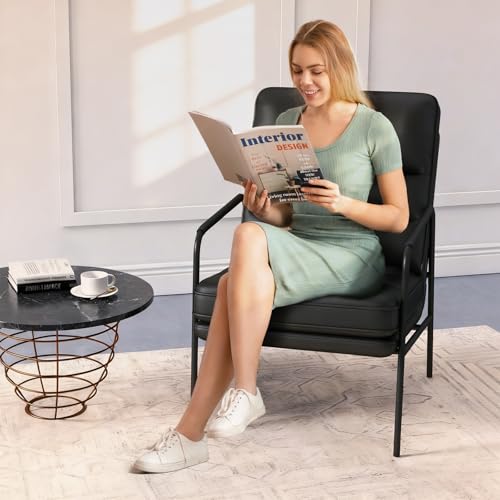 Modern Accent Chair, PU Leather High Back Armchair with Metal Frame, Comfy and Supportive Reading Chair for Living Room, Bedroom, or Office, Black