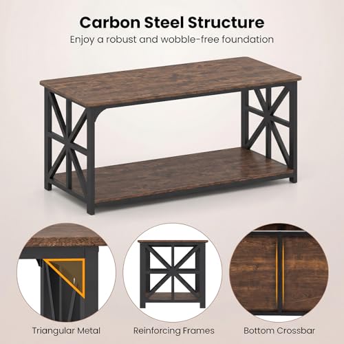 Farmhouse Coffee Table, 43" Center Table with Storage & X-Shaped Frames, 2-Tier Modern Accent Cocktail Tea Table, Rectangular Wood Living Room Tables for Small Spaces, Rustic Brown