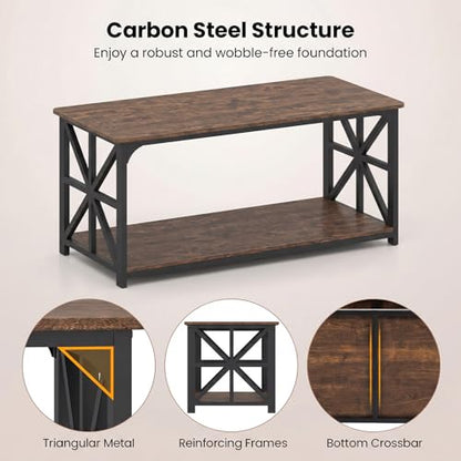 Farmhouse Coffee Table, 43" Center Table with Storage & X-Shaped Frames, 2-Tier Modern Accent Cocktail Tea Table, Rectangular Wood Living Room Tables for Small Spaces, Rustic Brown