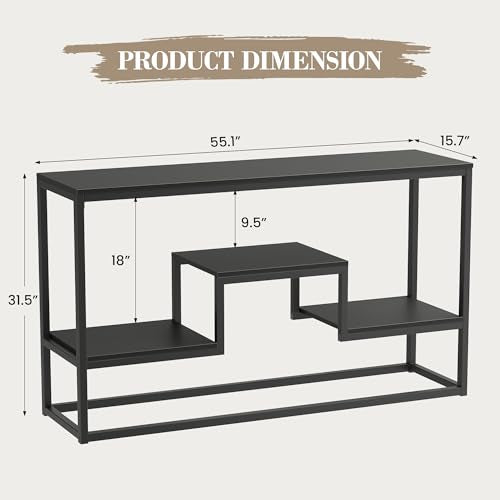 55 Inch Tall TV Stand for TVs up to 65 Inch, TV Console Table with 3-Tier Open Storage Shelves, Modern Industrial Entertainment Center for Living Room, Bedroom, Black