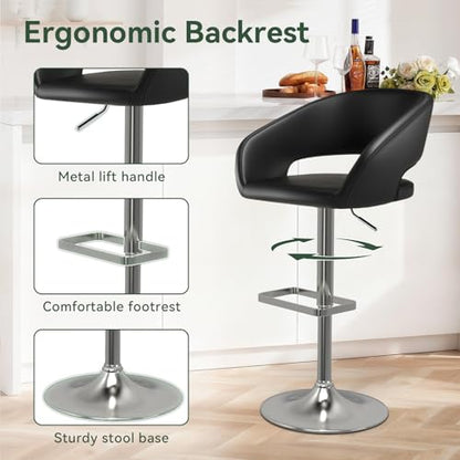 Adjustable Bar Stool with Hollow Back and Arms, Modern PU Leather Swivel Barstool, Airlift Counter Height Bar Chair for Kitchen Dining Room (Black)