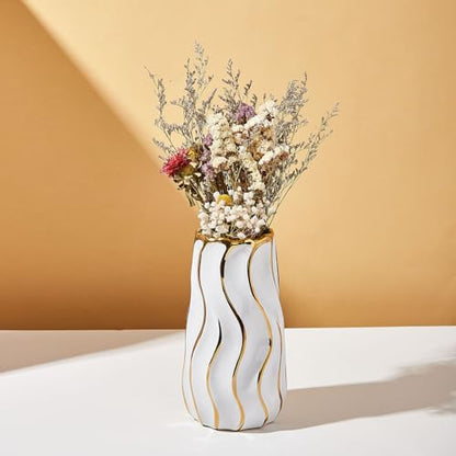 White Ceramic Vase for Home Decor,Decorative Flower Vase, Vertical Stripe Ceramic Vases for Home Décor, Bedroom, Office, Living Room, Bathroom, Tabletop Decor, Centerpiece (White)