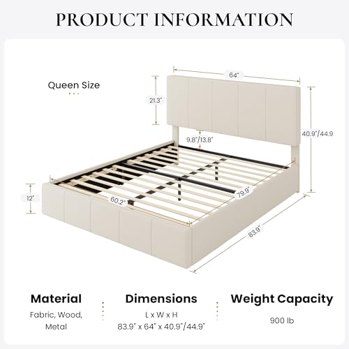 Queen Size Bed Frame, Velvet Upholstered Platform Bed, Cream, view 3