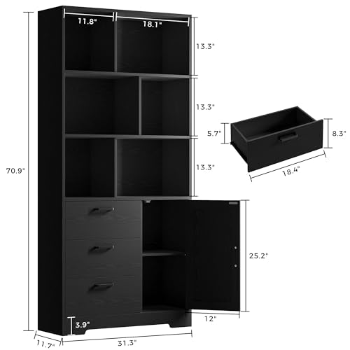Bookshelf, 70.9 Inch Tall Bookcase, Black Book Shelf with Doors and 3 Drawers, 3-Tier Bookshelves with 6 Open Cubes for Home Office, Living Room, Study