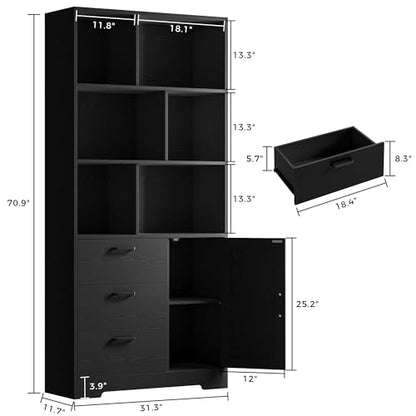 Bookshelf, 70.9 Inch Tall Bookcase, Black Book Shelf with Doors and 3 Drawers, 3-Tier Bookshelves with 6 Open Cubes for Home Office, Living Room, Study