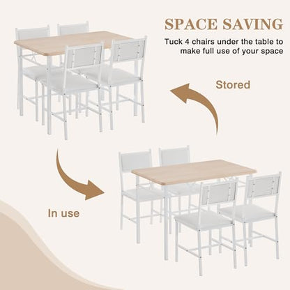 Dining Table Set for 4 with Chairs, 5-Piece Kitchen Table and Upholstered Padded Chairs Set for Small Space, Dining Room, Apartment, Natural White