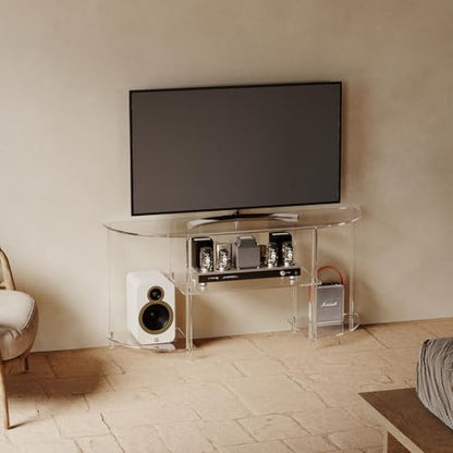 Acrylic Modern TV Stand, 3-Tier Semi-Circular TV Console Table | Corner TV Stand, Entertainment Center with Open Shelves, TVs up to 50 Inch, 47.2'' L x 13.4'' W x 22.4'' H, Clear