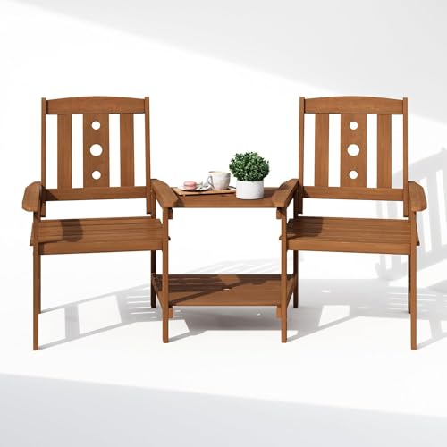 Patio Bistro Set with Integrated Coffee Table and Umbrella Slot Outdoor Dining Furniture for Garden, Porch, and Terrace in Natural Wood-Look Finish