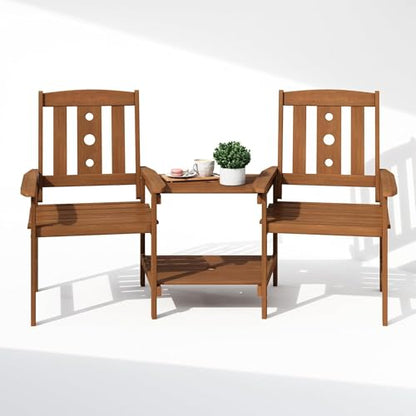 Patio Bistro Set with Integrated Coffee Table and Umbrella Slot Outdoor Dining Furniture for Garden, Porch, and Terrace in Natural Wood-Look Finish