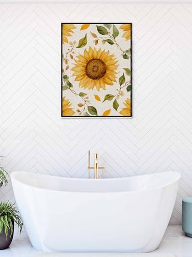 NuYeBiofx Farmhouse Sunflower Leaf Canvas Wall Art Prints,30"x20" Framed Picture Artwork Black Stripe Retro Linen Printed Canvas Oil Painting for Living Room Bedroom Office,Ready to Hang