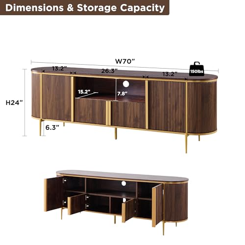 70" Fluted TV Stand with Storage, Faux Marble Top Entertainment Center for TVs Up to 80", Modern Curved Edge Media Console Cabinet for Living Room, Dark Walnut