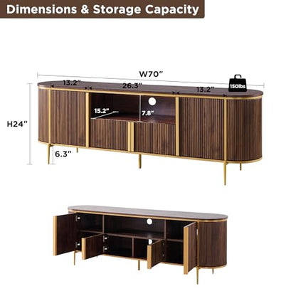 70" Fluted TV Stand with Storage, Faux Marble Top Entertainment Center for TVs Up to 80", Modern Curved Edge Media Console Cabinet for Living Room, Dark Walnut