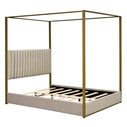 Modern 4-Poster Canopy Platform Bed Queen Size with Channel Upholstery Tufted, view 6