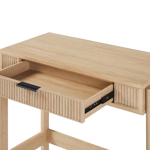 Transitional Style Furniture, Reeded Detail, Lift-Top Desk with Drawer and Storage Cubby, Sitting to Standing Desk, Soft Self-Close Desktop, 38 Inch, Coastal Oak