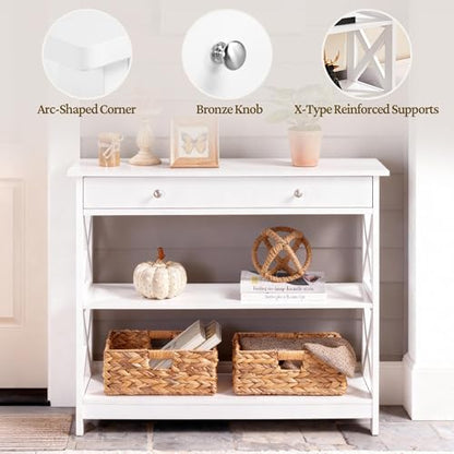 Yaheetech Console Table with Drawer, 3-Tier Entryway Table with Storage Shelves, Wood Narrow Sofa Table for Entryway/Hallway/Living Room, White