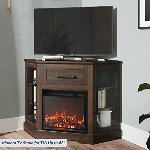 43" Corner TV Stand with 18" Electric Fireplace Heater for TVs up to 43", Modern Corner Wood Entertainment Center with Glass Door Storage Cabinets - Dale (Dark Walnut)