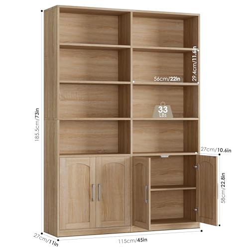 Bookshelf and Bookcase with Doors, 6 Tier Double Wide Large Bookshelves, Open Display Shelves, 73'' Tall Bookshelf with Storage Cabinets for Home Office, Living Room, Library, Oak