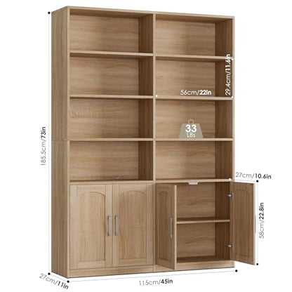 Bookshelf and Bookcase with Doors, 6 Tier Double Wide Large Bookshelves, Open Display Shelves, 73'' Tall Bookshelf with Storage Cabinets for Home Office, Living Room, Library, Oak