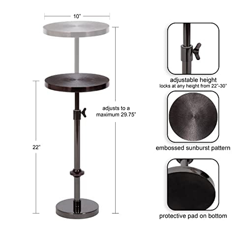 Engles Transitional Adjustable-Height Pedestal Drink Table; 10 x 10 x 30; Gray Gunmetal; Vintage Round Indoor Metal Plant Stand with Embossed Sunburst Pattern