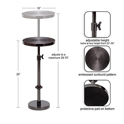 Engles Transitional Adjustable-Height Pedestal Drink Table; 10 x 10 x 30; Gray Gunmetal; Vintage Round Indoor Metal Plant Stand with Embossed Sunburst Pattern