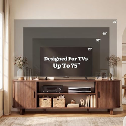 70" Mid Century TV Stand with Fluted Sliding Doors, Walnut, view 7