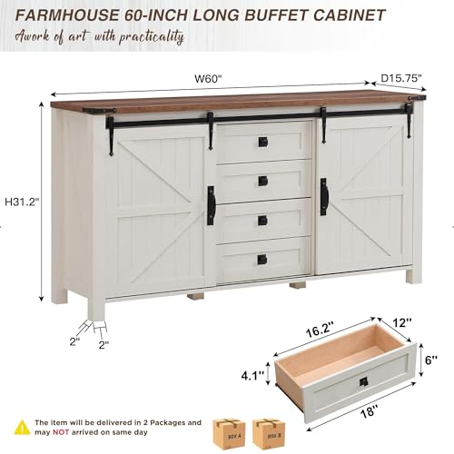 60" Wide Farmhouse Sideboard Buffet Cabinet, Antique White, view 3