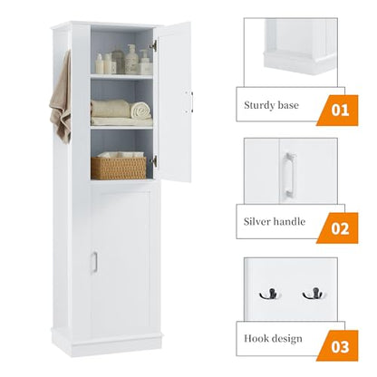 68 Inch Bathroom Storage Cabinet with Adjustable Shelves, White | White MDF, bathroom or utility room, side hook, 2-door cabinet, metal handles, anti-tip kit, 21 in W, 14 in D, 68 in H