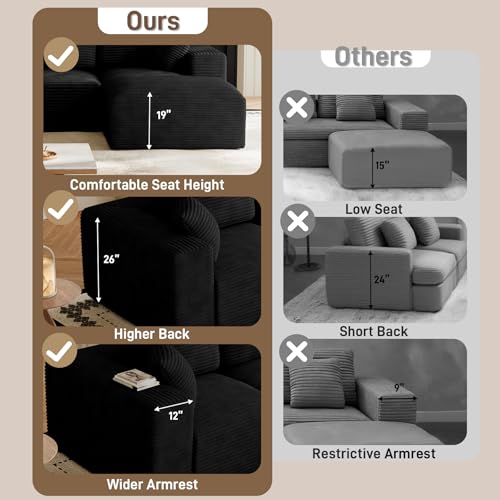 109" L-Shaped Boneless Cloud Sectional Couches, Comfy Corduroy Fluffy Modular Sectional Sofa with Right-Facing Chaise, Deep Seat Memory Foam Plush Couch for Living Room, Small Spaces, Black