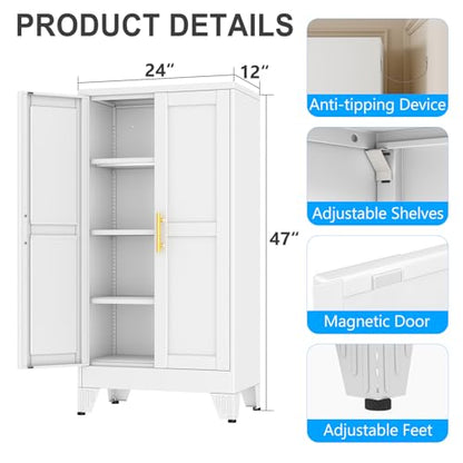 47.25" Metal Garage Storage Cabinet, Heavy Duty Steel Tool Cabinet with 2 Doors & 3 Adjustable Shelves, Freestanding Organizer Cabinet for Garage Home Office Basement (White)