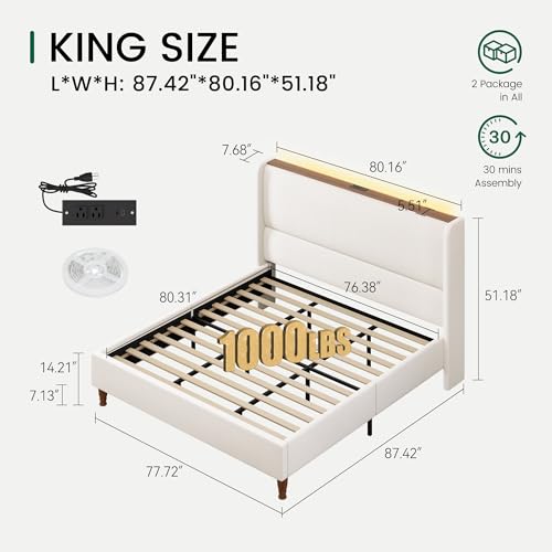 King Size Bed Frame with LED Lights and Charging Station Linen Upholstered, view 3