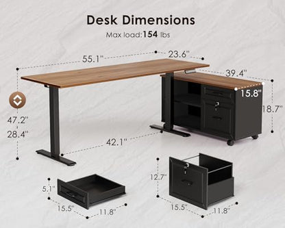 55" L Shaped Electric Standing Desk with Cabinet Sets, Walnut/Black, view 4