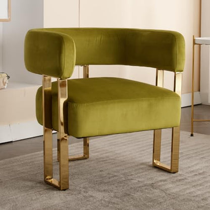 Barrel Accent Chair with Metal Frame Legs, Modern Velvet Living Room Chairs, Mid Century Upholstered Single Lounge Sofa Armchair for Living Room/Bedroom/Reading Room, Olive