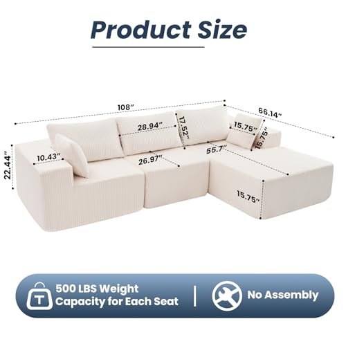108" L-Shaped Sectional Boneless Couch for Living Room, Upholstered Corduroy Sofa with Deep Seat for Small Apartment, Bedroom, No Assembly in a Box, Right Facing Chaise, Beige