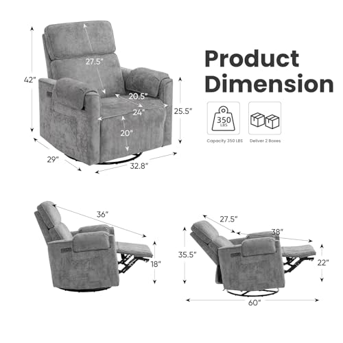 Oversized Power Recliner Chair with Adjustable Headrest, Swivel Rocking Recliner for Adults, 24" Extra Wide Glider Nursery Chair with Overstuffed Armrest for Living Room, USB Ports, Grey