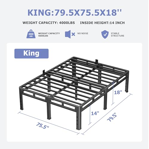 King Size Metal Platform Bed Frame, 18 Inch Dual-Layer Heavy Duty Base, view 4