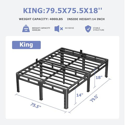 King Size Metal Platform Bed Frame, 18 Inch Dual-Layer Heavy Duty Base, view 4