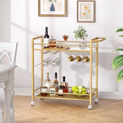 Bar Cart w/Wheels,2 Tier Home Bar Serving Cart,Flowing Gold, view 5