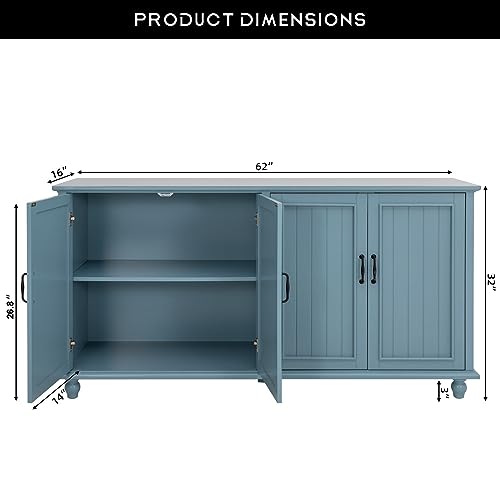 Sideboard Buffet Cabinet with 4 Doors, Vintage Coffee Bar Station, Blue, view 3