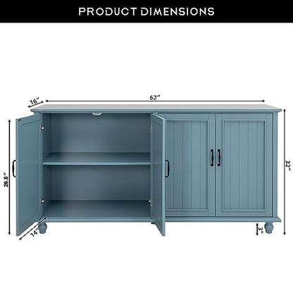 Sideboard Buffet Cabinet with 4 Doors, Vintage Coffee Bar Station, Blue, view 3
