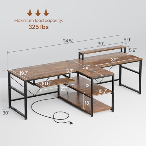 94.5" Home Office Desks, Computer Gaming Desk with Storage, LED Lights, Power Strip with USB, Keyboard Tray & Monitor Stand, Extra Long Double Desk for 2 Person, Rustic Brown