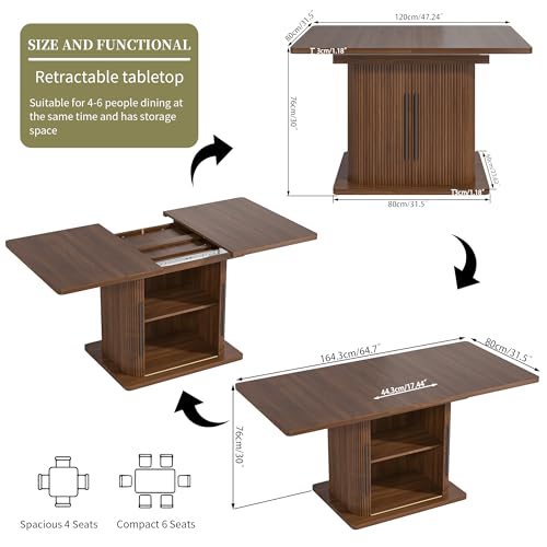 Extendable Dining Room Table for 4-6, 47-65 Inch Rectangle Kitchen Dining Table with Large Storage, Fluted Sliding Door, Expandable Mid Century Modern Dinner Furniture, Living Room, Walnut, Brown