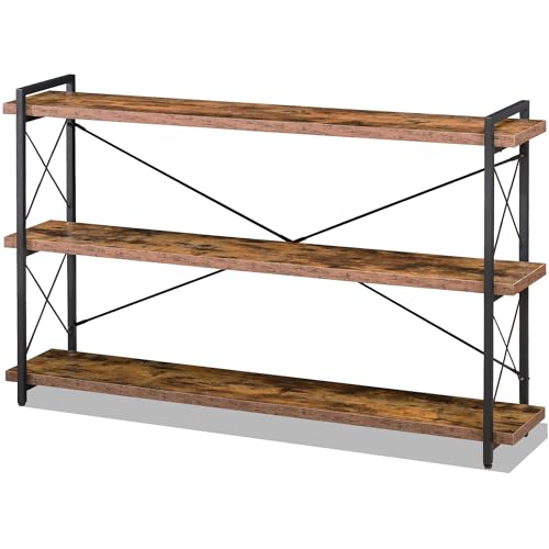 Bookshelf, 3-Tier Long Industrial Bookcase, Rustic Open Book Shelf, Freestanding Horizontal Bookshelves with Metal Frame