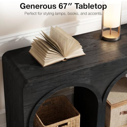 67" Long Arched Console Table, 15.5" Deep Modern Designer Entryway Table, Sculptural Triple Arch Sofa Table for Living Room, Hallway, Behind Couch, Multi-Scene Accent Furniture, Black Wood Finish