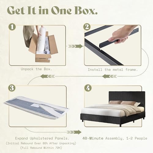 Upholstered Bed Frame, Metal Bed with Headboard, Full Black, view 4
