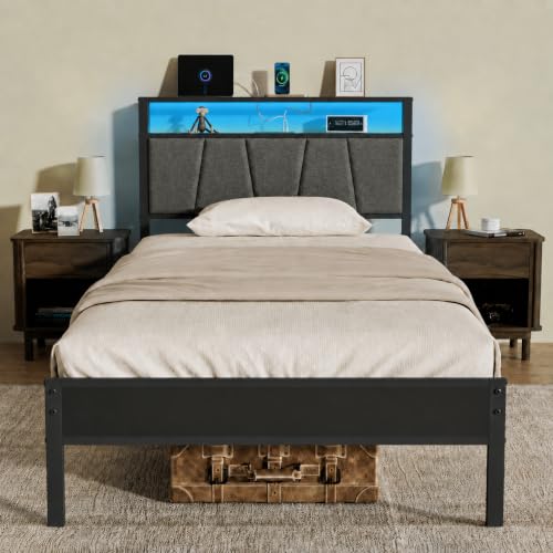 14 Inch Storage Headboard with Charging Station Twin Bed Frame, view 2