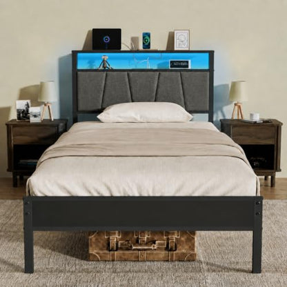 14 Inch Storage Headboard with Charging Station Twin Bed Frame, view 2