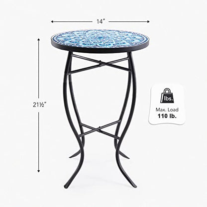Mosaic Side Table and Plant Stand, 21" Round End Table with 14" Ceramic Tile Top, Indoor & Outdoor Accent Table, Porch Patio Furniture, Entryway & Coffee Table for Home & Garden, Blue Mandala