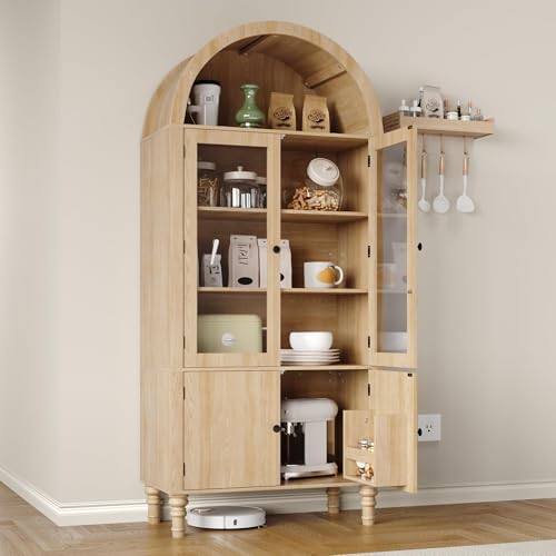 71" Tall Arched Pantry Cabinet, Modern Kitchen Storage Cabinet with Doors, 3 Adjustable Shelves, Door Shelves, Organizer, Versatile Cupboard for Kitchen, Bathroom, Natural
