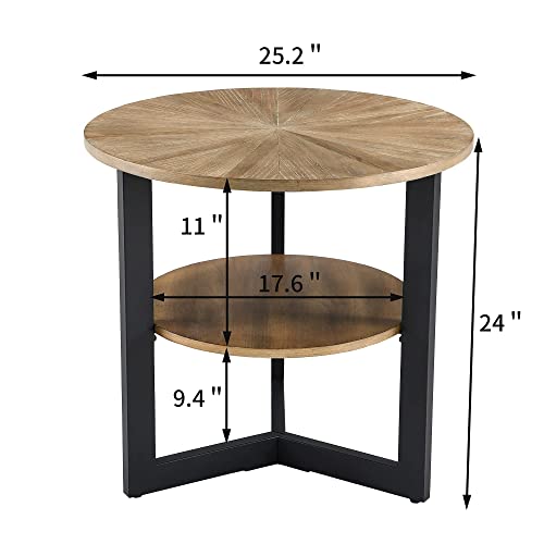 Round Side Table, Large 2-Tier End Table Nightstand with Metal Legs, Modern Bedside Couch Table for Living Room, Bedroom, Office, Rustic Natural/Black, 25.2 x 25.2 x 24 inches CJZ-1338