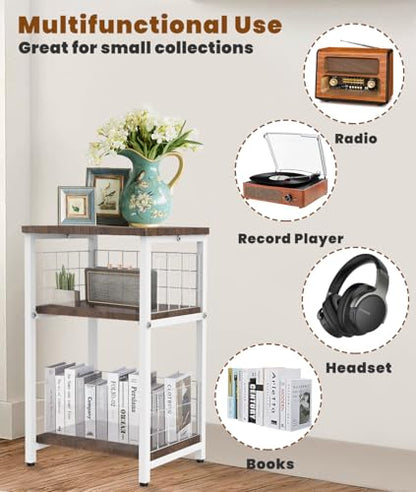 Record Player Stand, 3 Tier End Table with Double Layer Iron Wire Mesh Turntable Vinyl Record Stand Storage Up to 100 Albums, Nightstand Small Side Tables for Living Room Bedroom, White